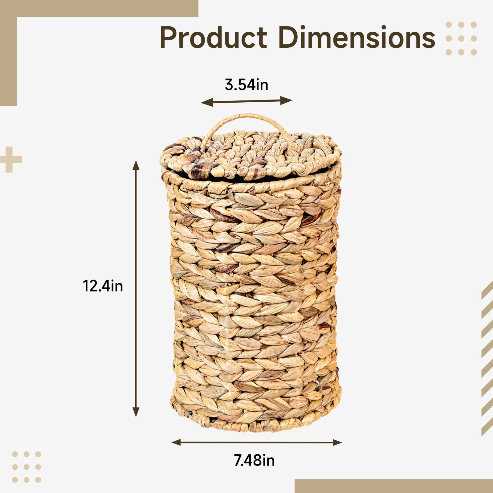 Grass Bathroom Trash Can with Lid, Handwoven Waste Basket for Bathroom, Compact Round Design, Long-Lasting Water Hyacinth Material, Vintage Rustic Decor for Bedroom, Office, and More