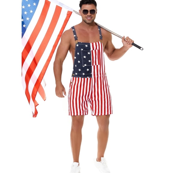 250th Anniversary American Flag Overalls Denim Bib Jumpsuit Shorts Jean Romper for Men(Red White Blue,XL)