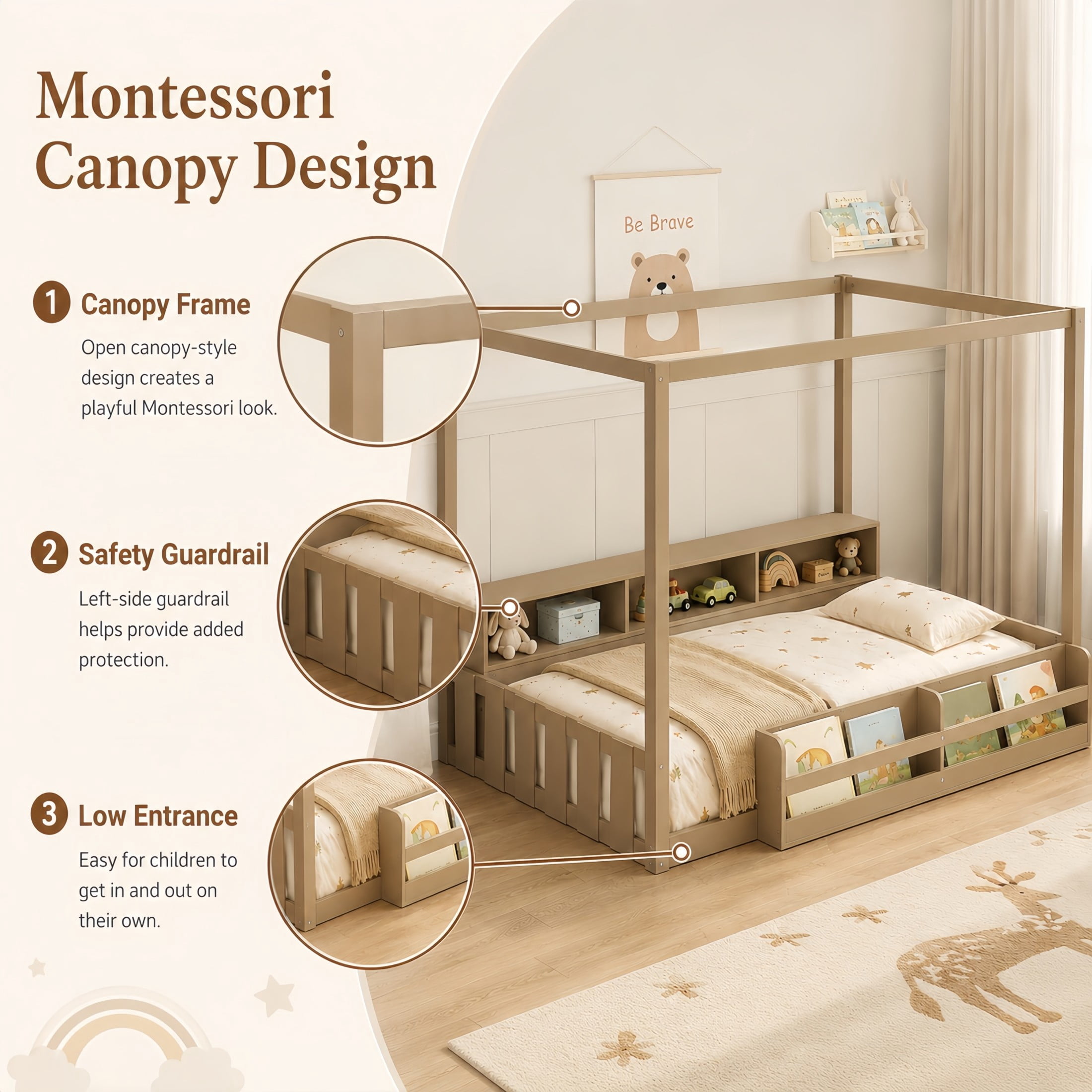 GDF Studio Misol Twin Size Montessori Canopy Floor Bed with Storage & Guardrails, Pine Wood Kids Bed Frame, Dark Brown