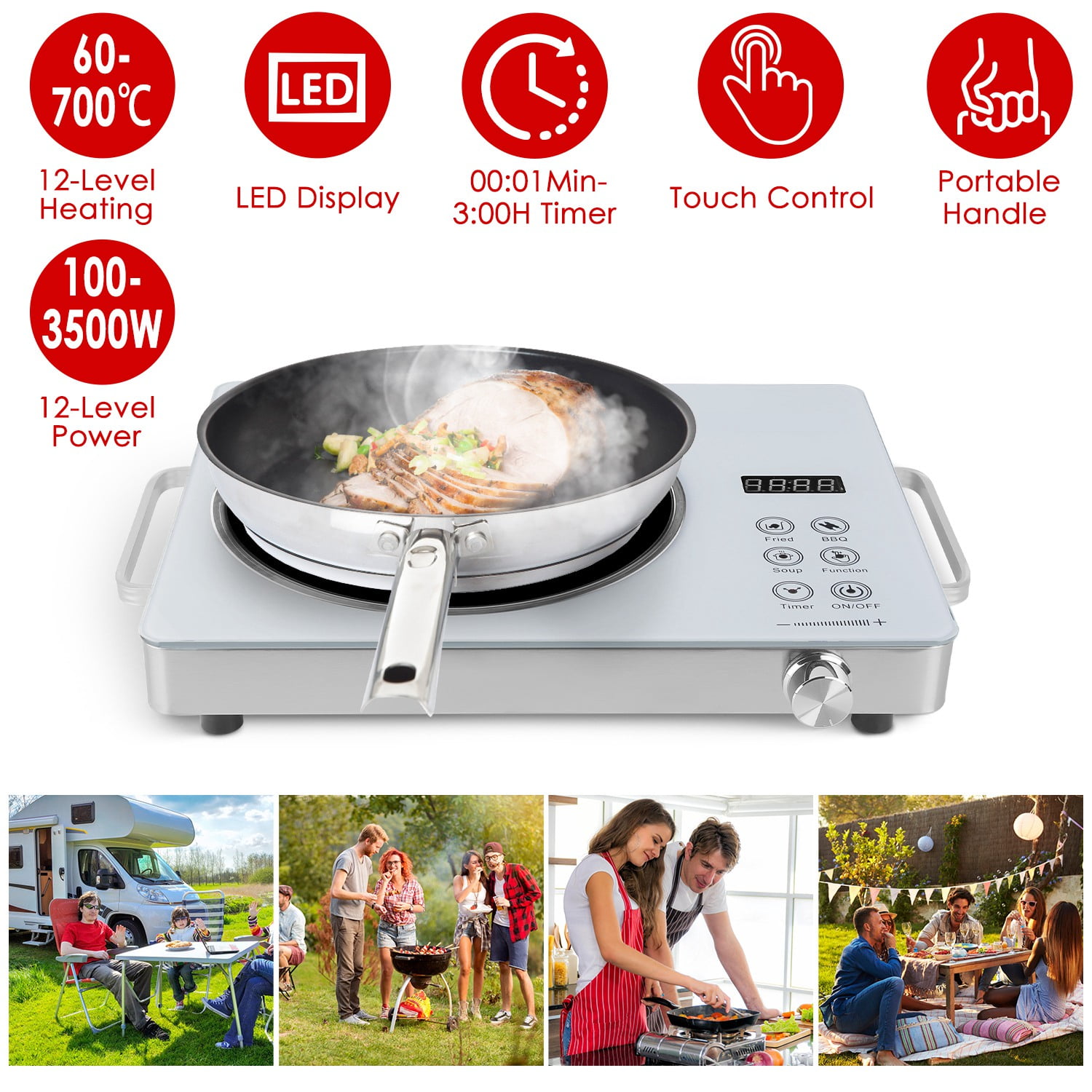 3500W Electric Single Burner Cooktop 110V Portable Hot Plate with Fast Heating, 4 Preset Modes, 12 Power Levels, Temperature Control, Timer, and Glass
