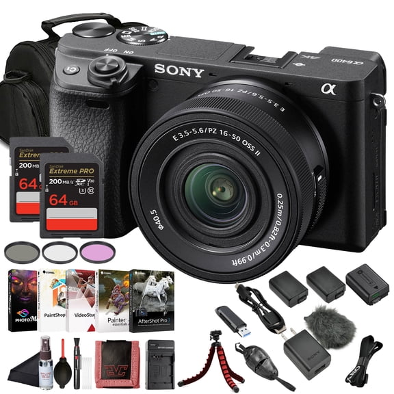 Sony Alpha a6400 Mirrorless Digital Camera with 16–50mm Power Zoom Lens (ILCE-6400L/B) – 24.2 MP APS-C, 4K Video, Real-Time Eye AF w/ 2 x 64GB Memory Card 2 x NP-FW50 Battery More