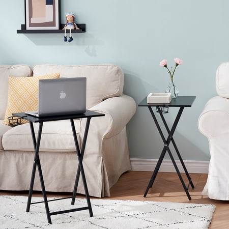 VECELO Set of 2 Folding TV Tray Table, Portable Snack Eating Tables with Cup Holder, Dinner Tray for Couch, Kitchen, Living Room and Bedroom, Black