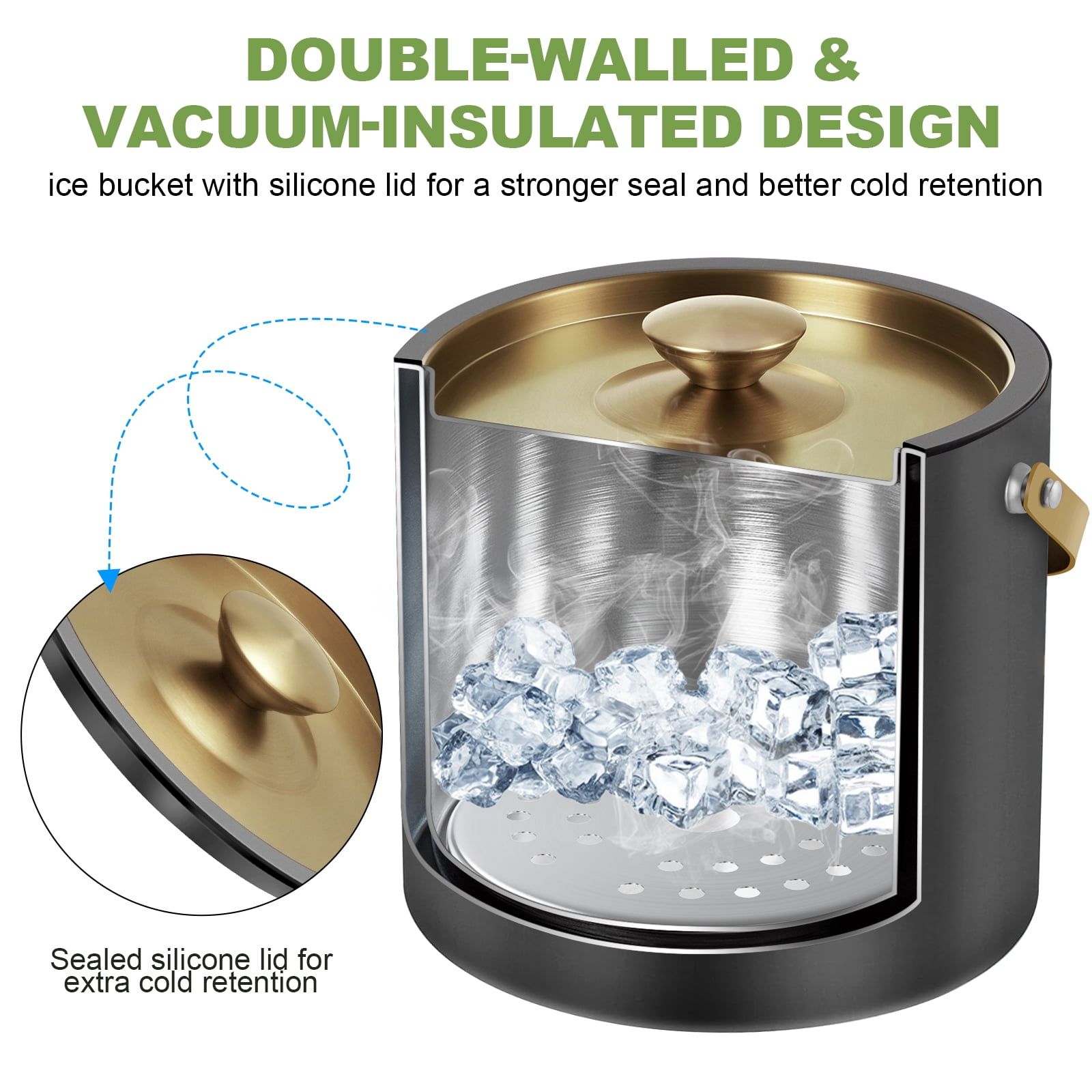 3.2L Modern Insulated Ice Bucket with Silicone Lid, Scoop, Strainer, Double Wall Stainless Steel Ice Bucket for Parties & Cocktail Bar,Ideal for Gift