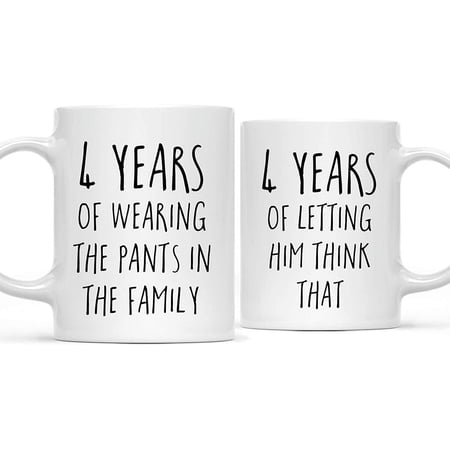 CTDream Funny 4th Wedding Anniversary 11oz. Couples Coffee Mug Gag Gift 4 Years of Wearing the Pants in the Family Letting Him Think That 2-Pack with Gift Box for Husband Wife Parents CTDream Funny 4th Wedding Anniversary 11oz. Couples Coffee Mug Gag Gift 4 Years of Wearing the Pants in the Family Letting Him Think That 2-Pack with Gift Box for Husband Wife Parents