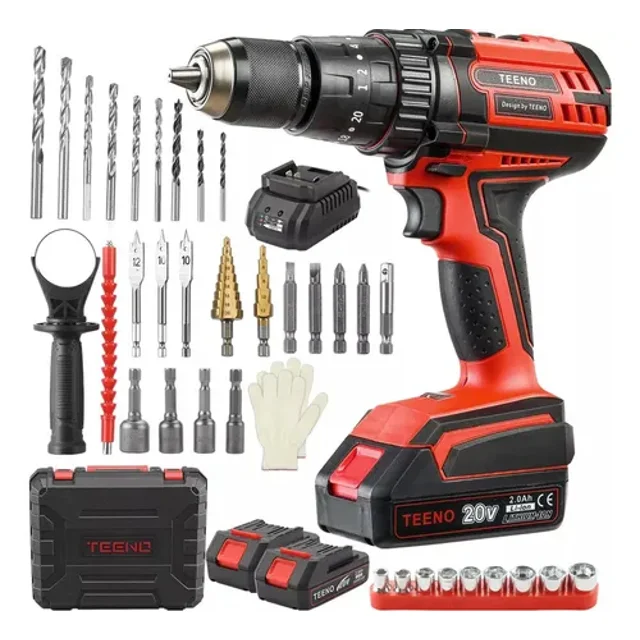 TEENO Taladro Electrico y Inalambrico de 20V,Modo de Trabajo Tres en Uno,Taladro, Desatornillador y Martillo,45N.m, Ajuste de Par de 20,Con 2 Baterías Recargables,Juego con Accesorios(915)