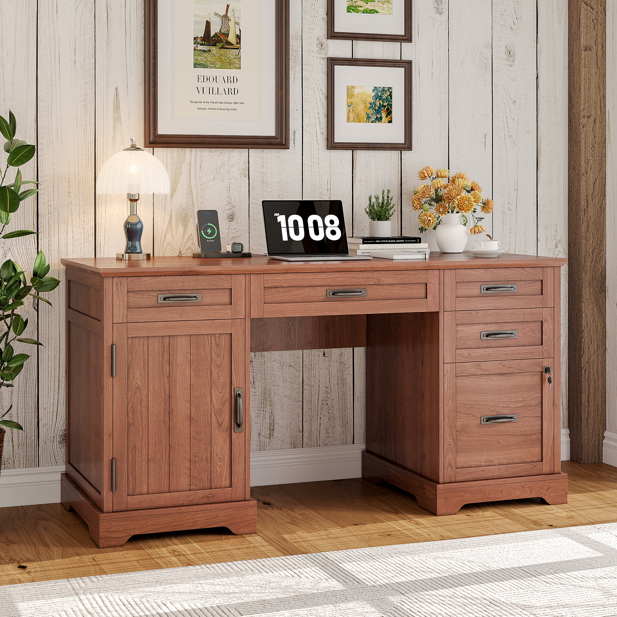 Executive Desk, 55'' Farmhouse Desk for Home Office with File Drawer and Power Outlets, Cherry Brown