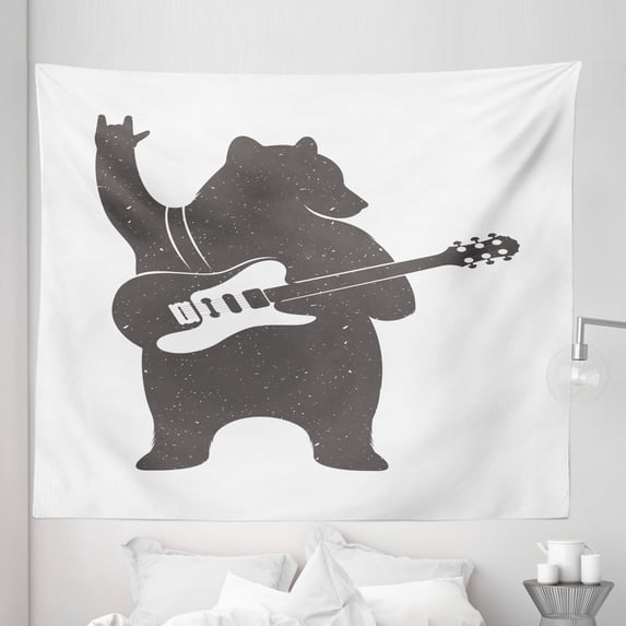 Bear Tapestry, Fun Character Musician Guitar and Hand Gesture Grunge Retro Rock n' Roll, Fabric Wall Hanging Decor for Bedroom Living Room Dorm, 5 Sizes, Charcoal Grey White, by Ambesonne