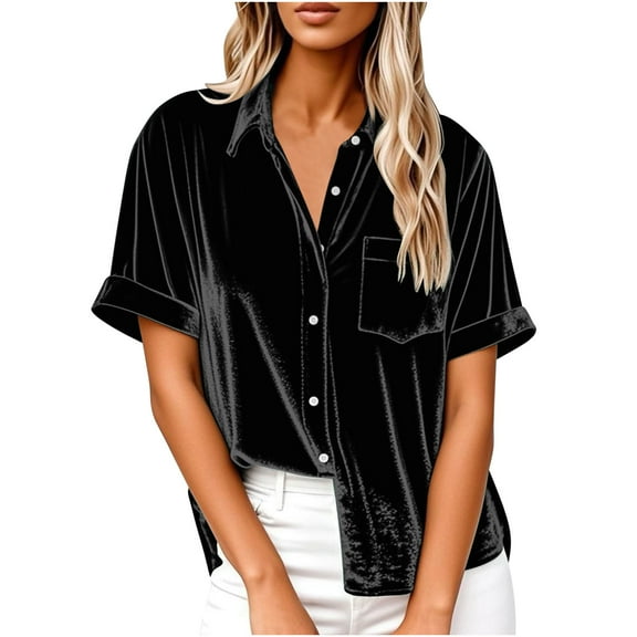 Taqqpue Short Sleeve Button Down Shirts for Women Casual Solid Color V Neck Velvet T Shirt Flowy Loose Fit Swing Plus Size Blouses Tops for Women with Pockets