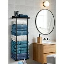 Towel Rack for Bathroom, Wall Mounted Vertical Rolled Towel Storage Organizer Holder with Shelf, Black Large Size