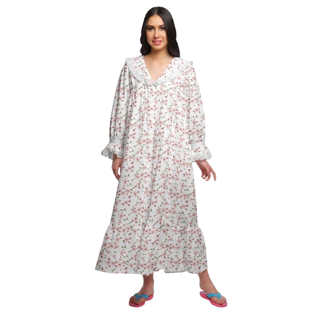 Moomaya Chemise de Nuit Maxi pour Femmes en Coton à Col en V Imprimé avec Bordure Froncée