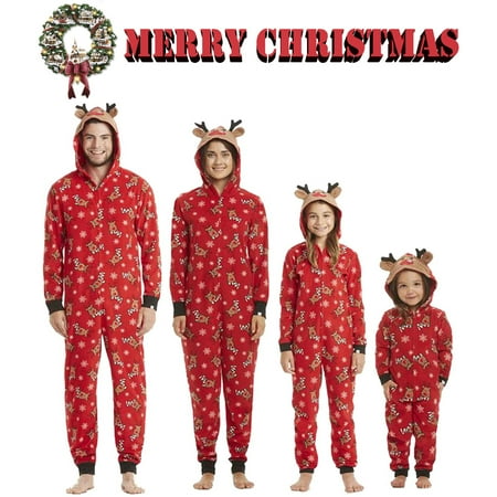 

Christmas Family Matching Pajamas Reindeer Hooded Romper Onesies Zipper Jumpsuit Holiday Sleepwear Pjs for Adult Kids Baby