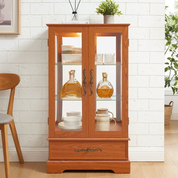 Lisonu Lighted Curio Cabinet, American Retro Glass Display Cabinet with Adjustable Shelves and Drawer, MDF, Dark Oak