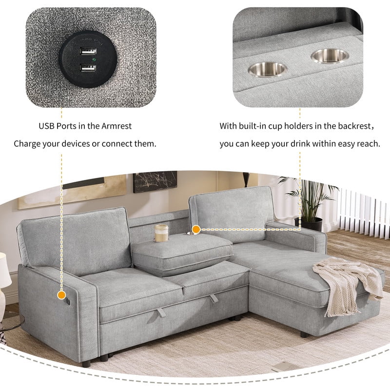 Convertible Sleeper Sofa Bed, L-Shaped Sectional Sofa Pull Out Couch with Storage Chaise & USB Ports, 89'' Sofa Couch with Cup Holder for Living Room Apartment