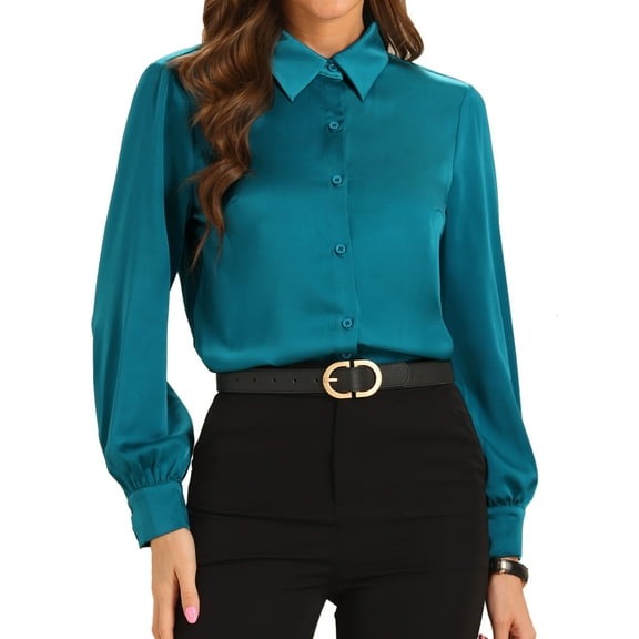 INSPIRE CHIC Satin Blouse for Women's Puff Long Sleeve Work Career Tops