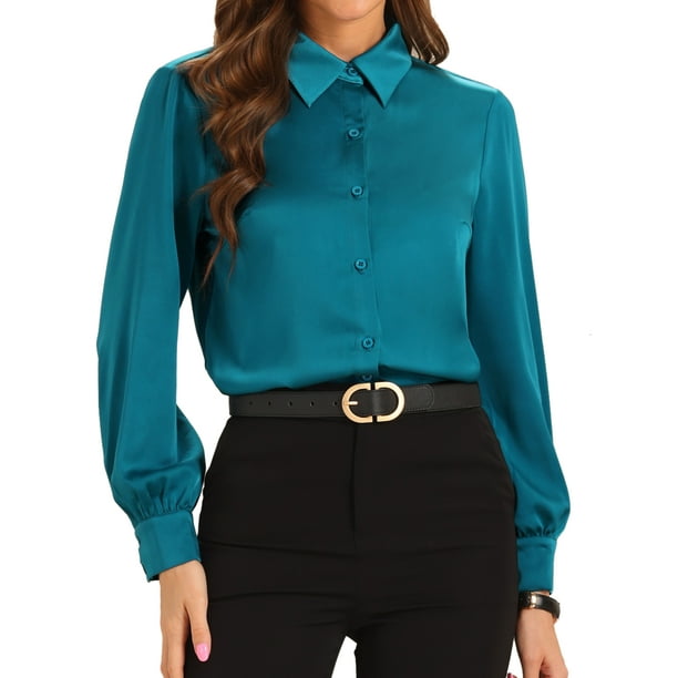 Blusa de satén INSPIRE CHIC para mujeres con mangas largas abullonadas para trabajo