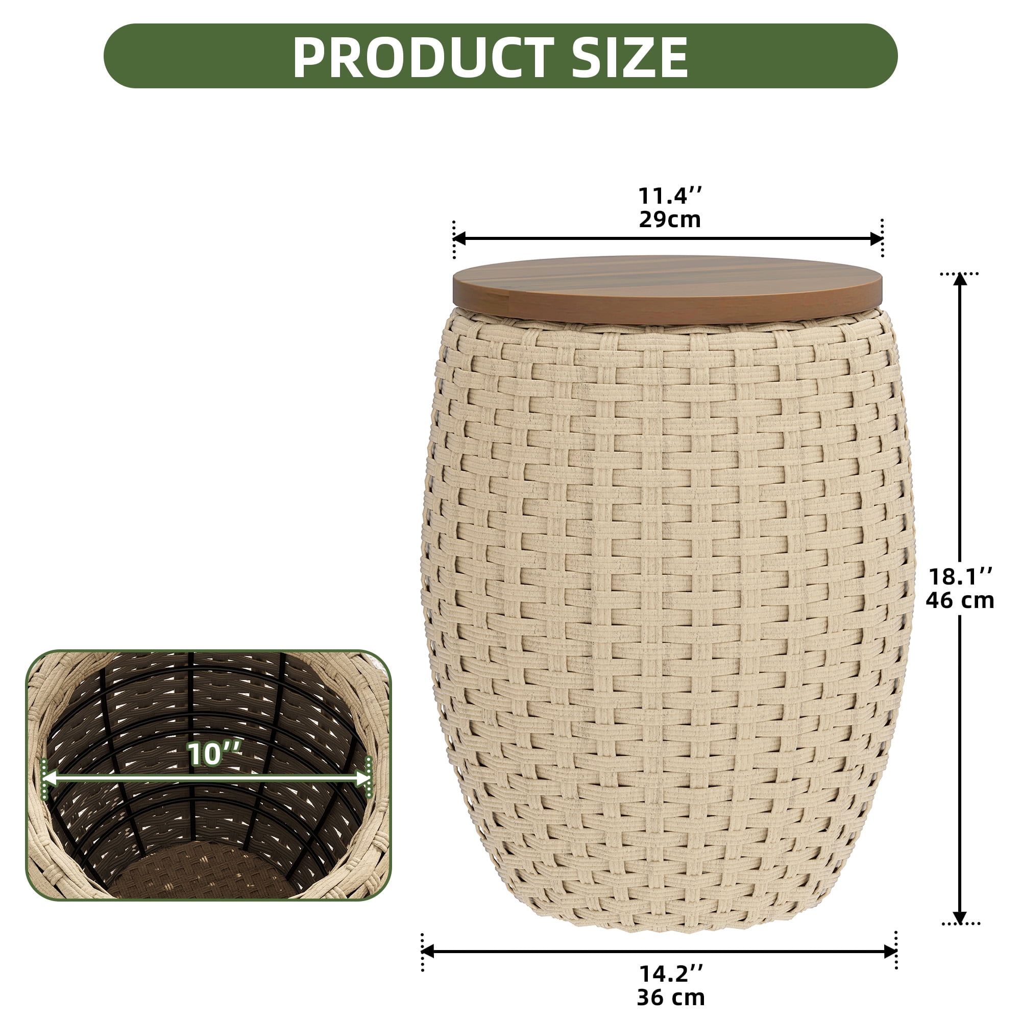 Uforic Outdoor Wicker Drum Side Table set of 2, All-weather Rattan Small Storage Box End Table, Coffee Table with Solid Wood Lid - Brown