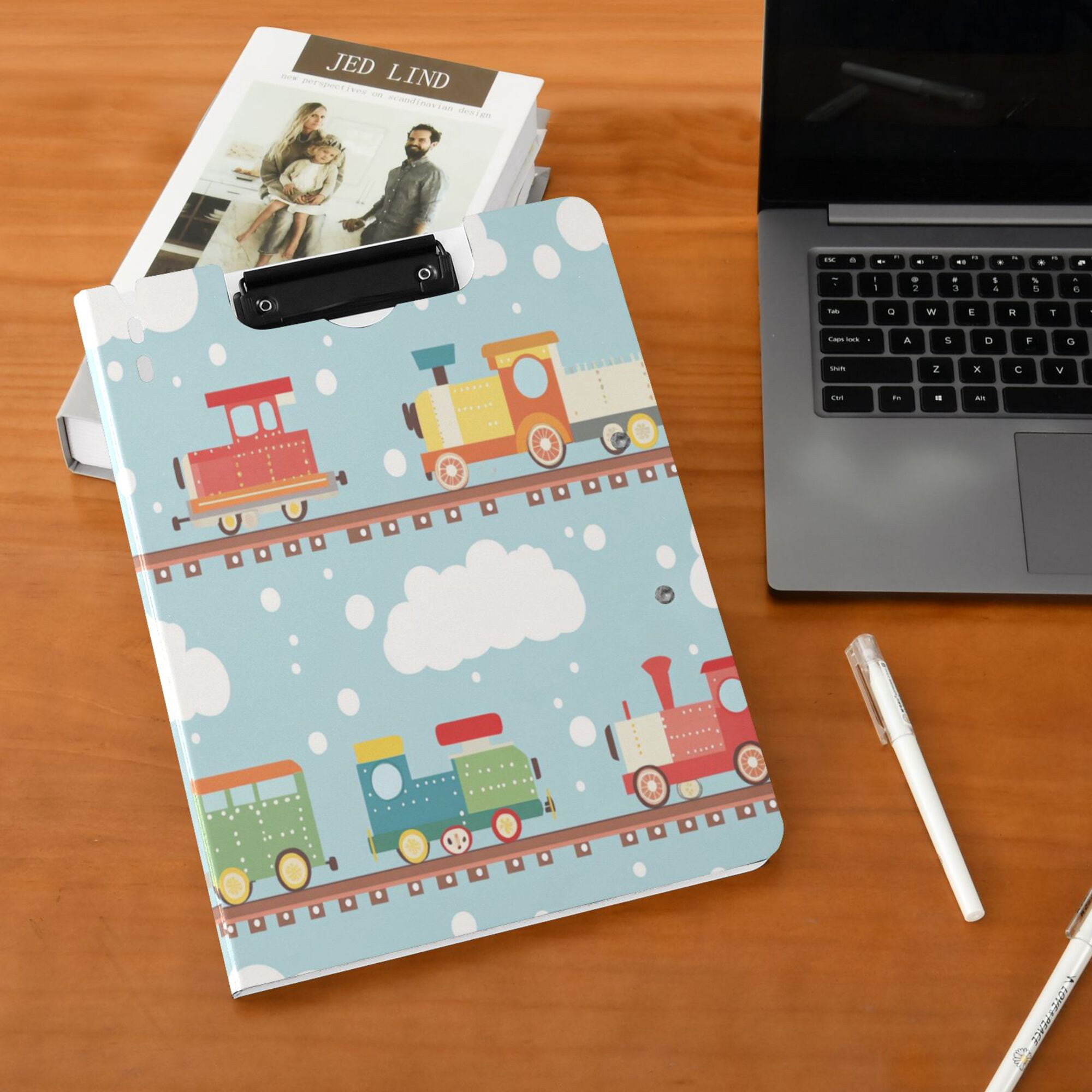 FORMRS A4 Clipboard Folder with Pen Holder Horizontal Foldable School Office Binder, Red Trains Pattern
