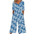 thumbnail image 2 of Maqroz Jumpsuits for Women Casual Wide Leg Summer Boho Floral Printed Baggy Wide Leg Overalls Short Sleeve V Neck Back Zipper Rompers with Side Pockets Fashion One Piece Outfits Blue L, 2 of 5
