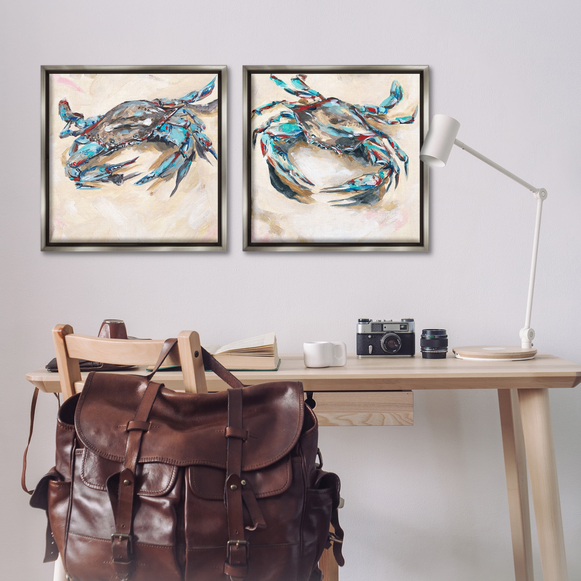 Stupell Industries Blue Crabs on Sand Animals & Insects Painting Gray Floater Framed Canvas Art Print Wall Art, 25 x 25, Set of 2
