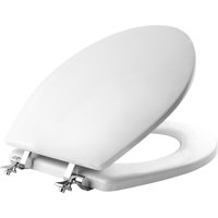 Mayfair Round Enameled Wood Toilet Seat in White with Chrome Hinge and STA-TITE
