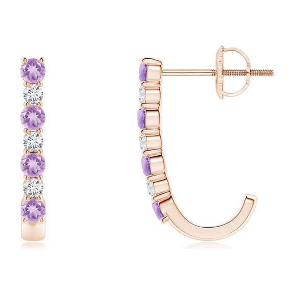 ANGARA Natural Amethyst and Diamond J-Hoop Earrings in 14K Rose Gold for Women (Size-2mm) | February Birthstone, Birthday, Anniversary, Jewelry Gift for Women | Natural Amethyst Earrings
