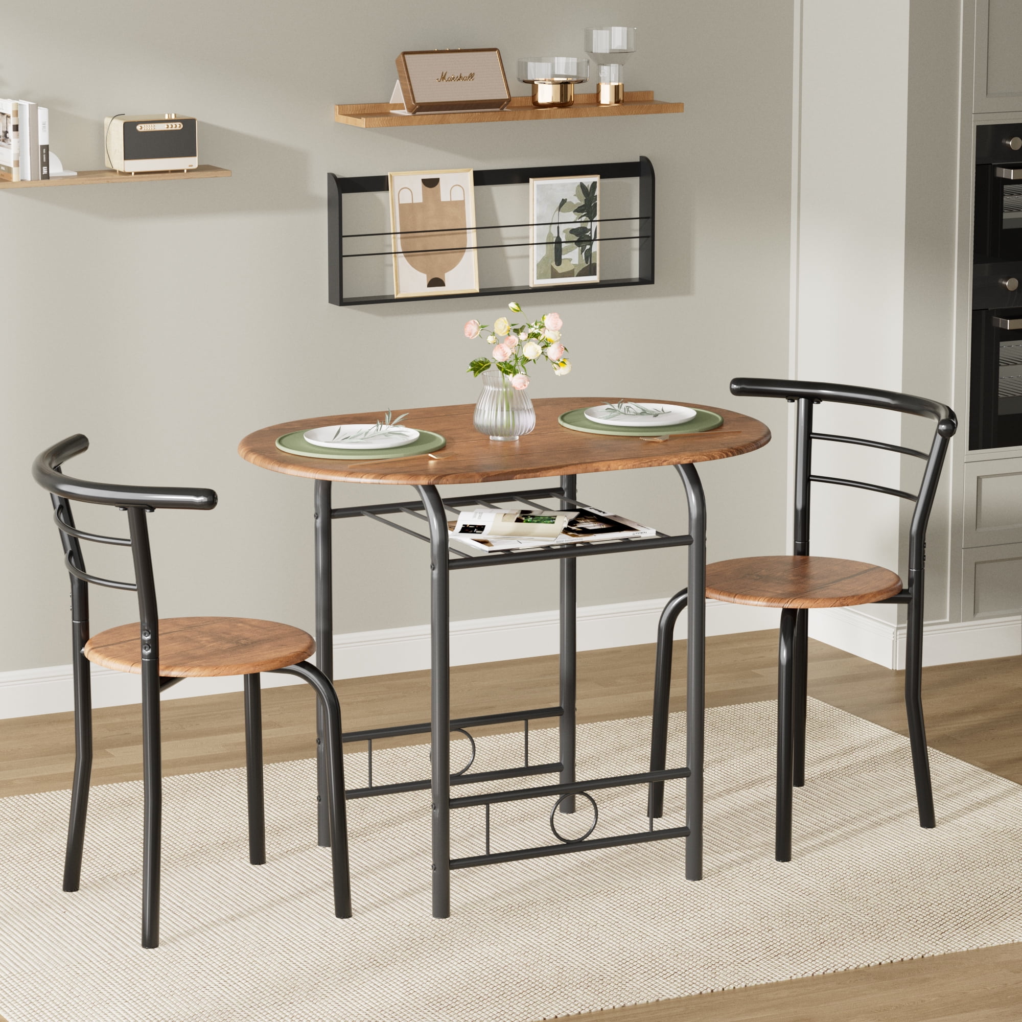 Vineego 3 Pieces Dining Set for 2 Small Kitchen Breakfast Table Set Space Saving Wooden Chairs and Table Set Black