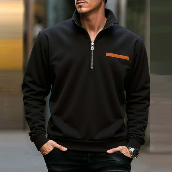 JUSLIO Zipper Mens Shirts Thermal Fleece Sweatshirts Half-Zip Long sleeve Stand Collar Sweatshirts Black L