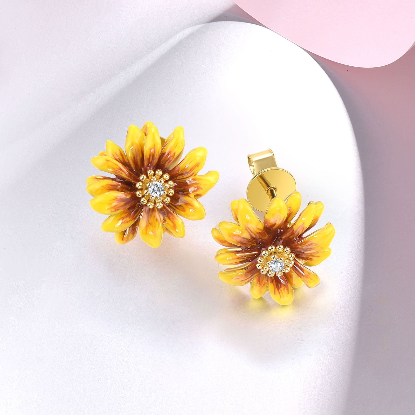 Santuzza Daisy Earrings 925 Sterling Silver White Cubic Zirconia Enamel Yellow Flower Stud Earrings for Women