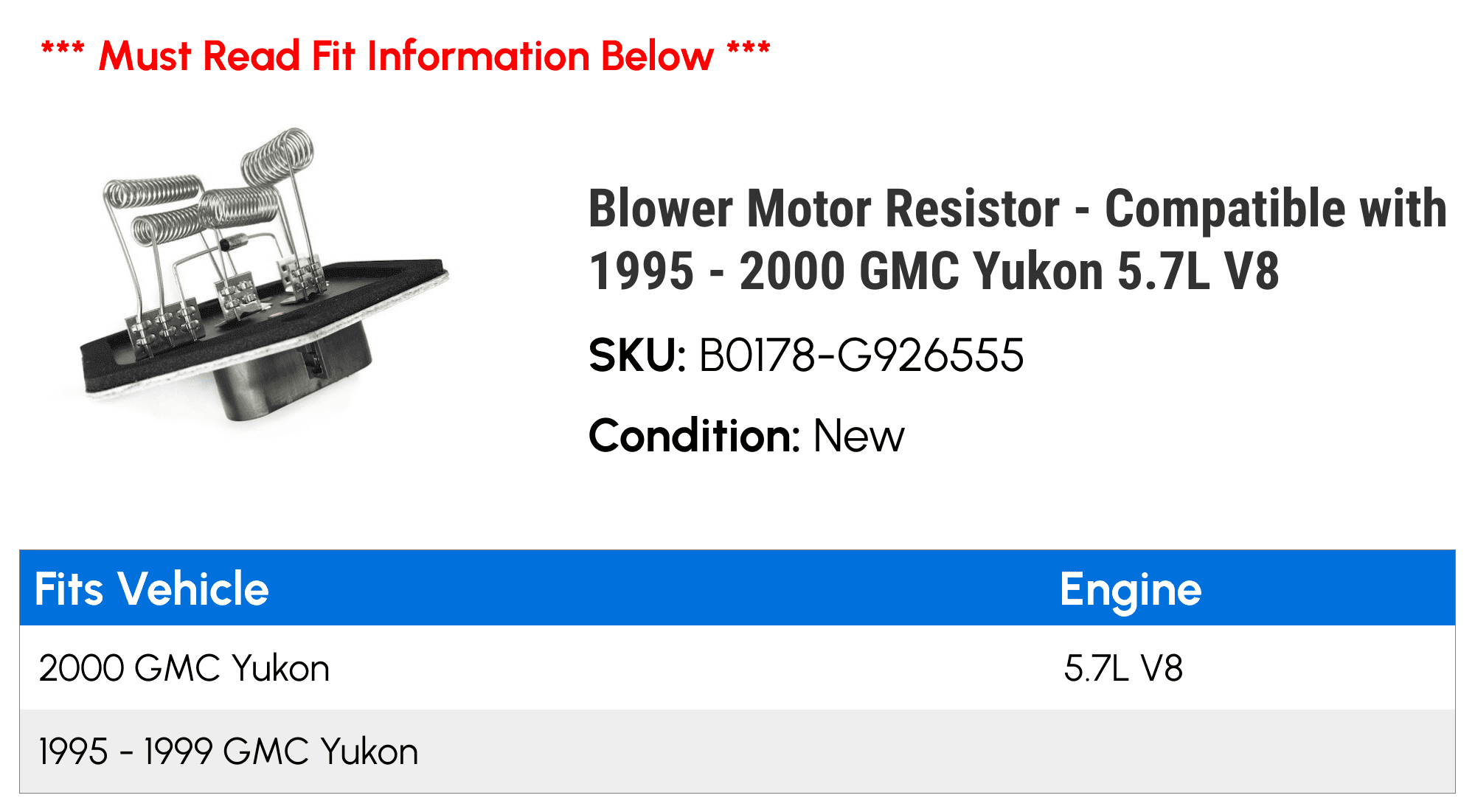 Blower Motor Resistor - Compatible with 1995 - 2000 GMC Yukon 5.7L V8 1996 1997 1998 1999