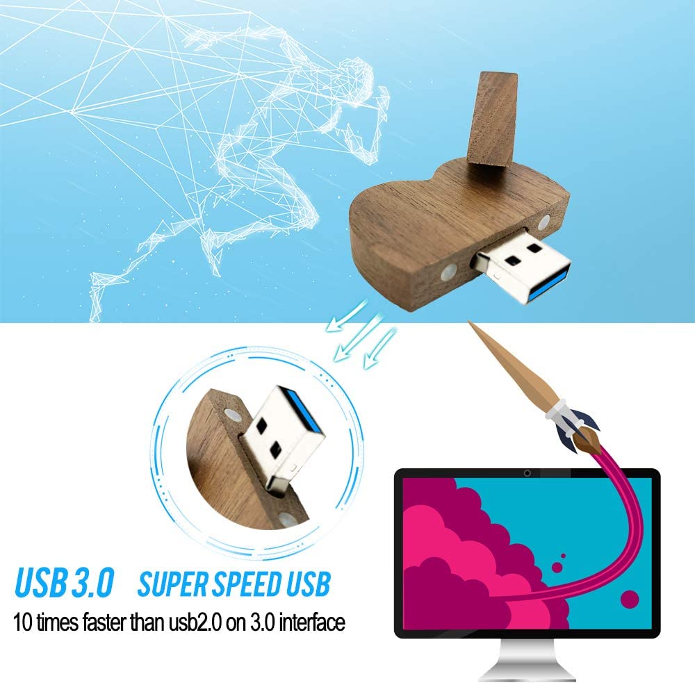 Heart Shaped Wood Flash Drive 32GB USB3.0 with Gift Box, Wooden USB Drive 32G USB 3.0 Super-Speed Thumb Drive Jump Drive Wooden Box Ideal Gift for Birthday / Anniversary / Wedding