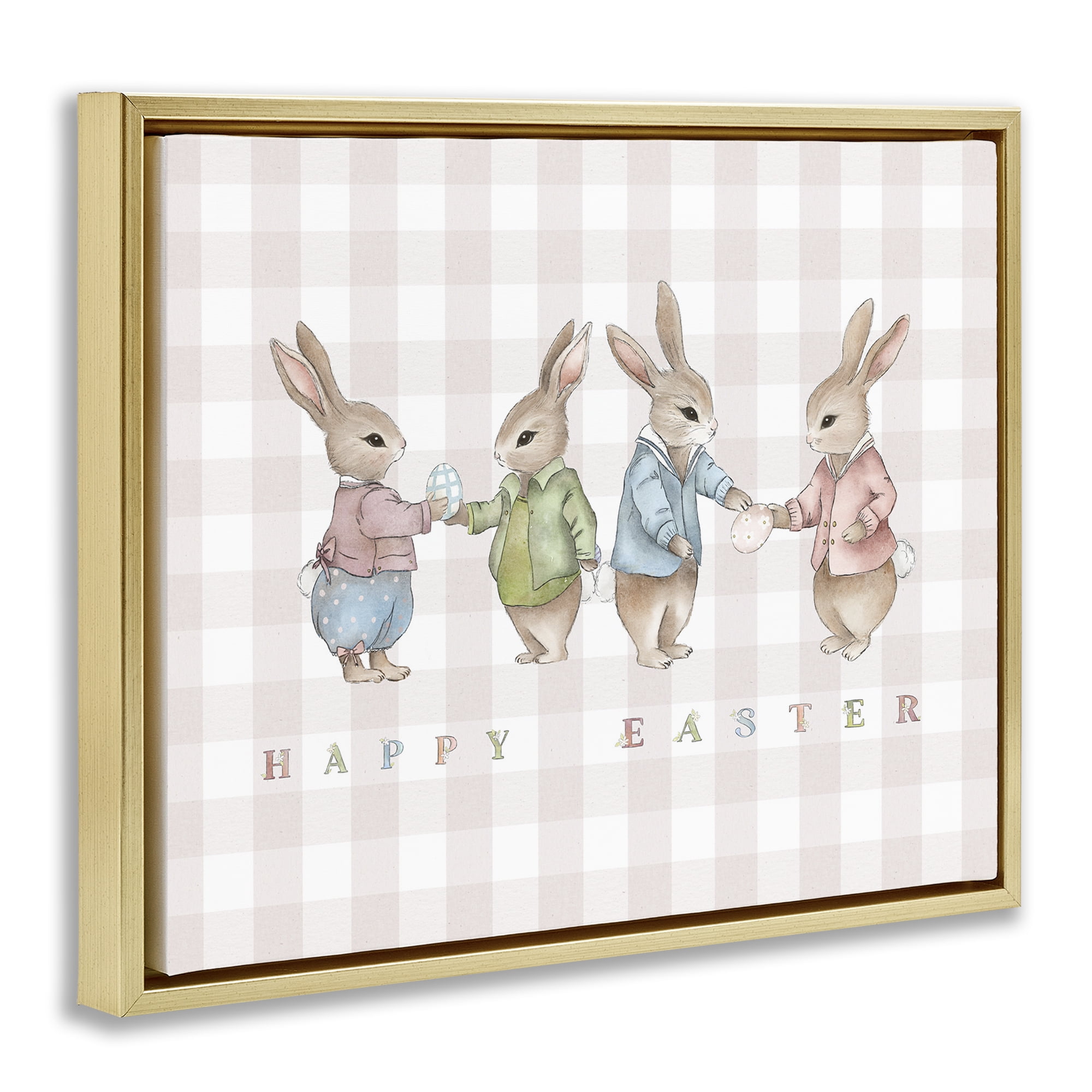 Stupell Industries Easter Bunnies Pink Gingham Gold Framed Floater Canvas Wall Art, design by Leah Straatsma