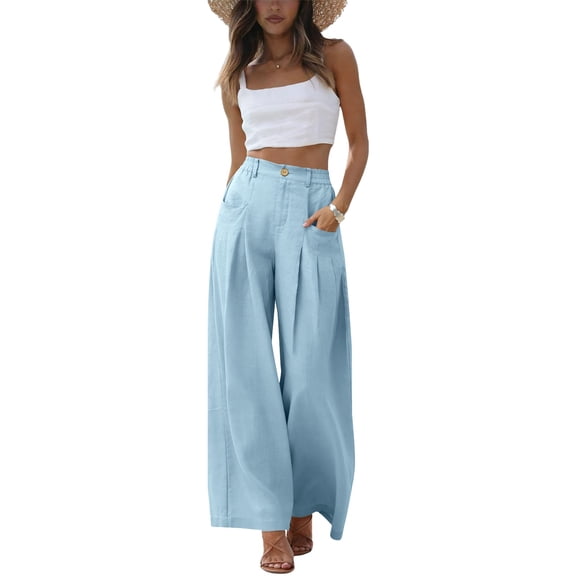 ClodeEU Women's High Waisted Linen Blend Pants with Pockets ,Casual Long Trousers Blue,Women's Plus L