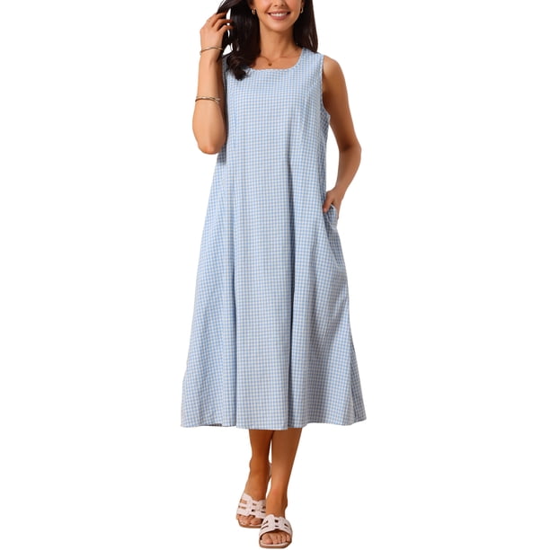 Vestidos sin mangas de cuadros para mujer Inspire Chic, vestido midi de gingham con ajuste holgado y bolsillos, atuendos de verano, S azul claro