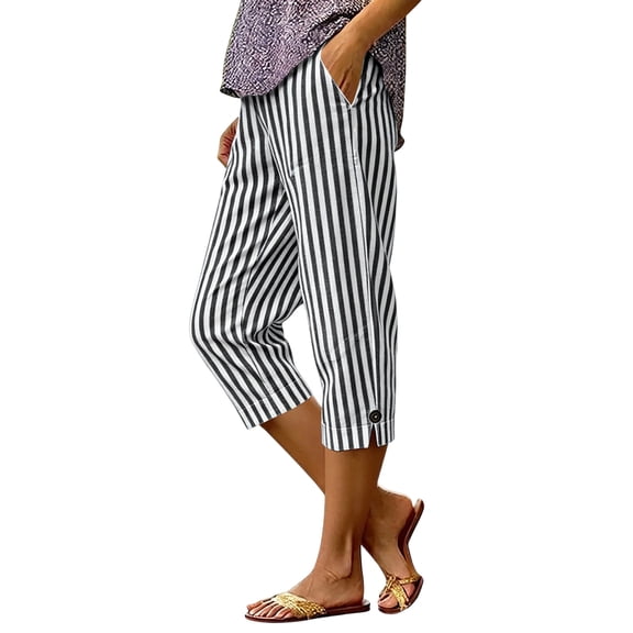 Wutalume Womens Capri Pants for Women - Striped Wide Leg High Waisted Drawstring Casual Trousers with Pockets Loose Fit Lightweight Summer,Black L