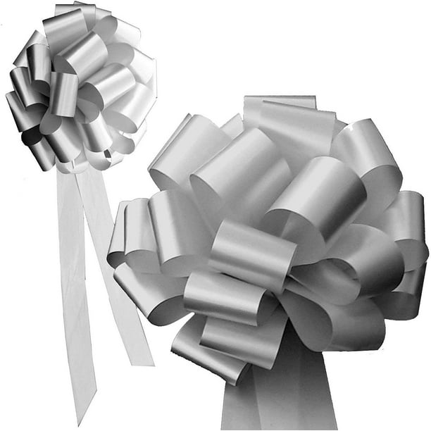 Big Decorative Silver Ribbon Pull Bows with Long Tails 9" Wide, Set