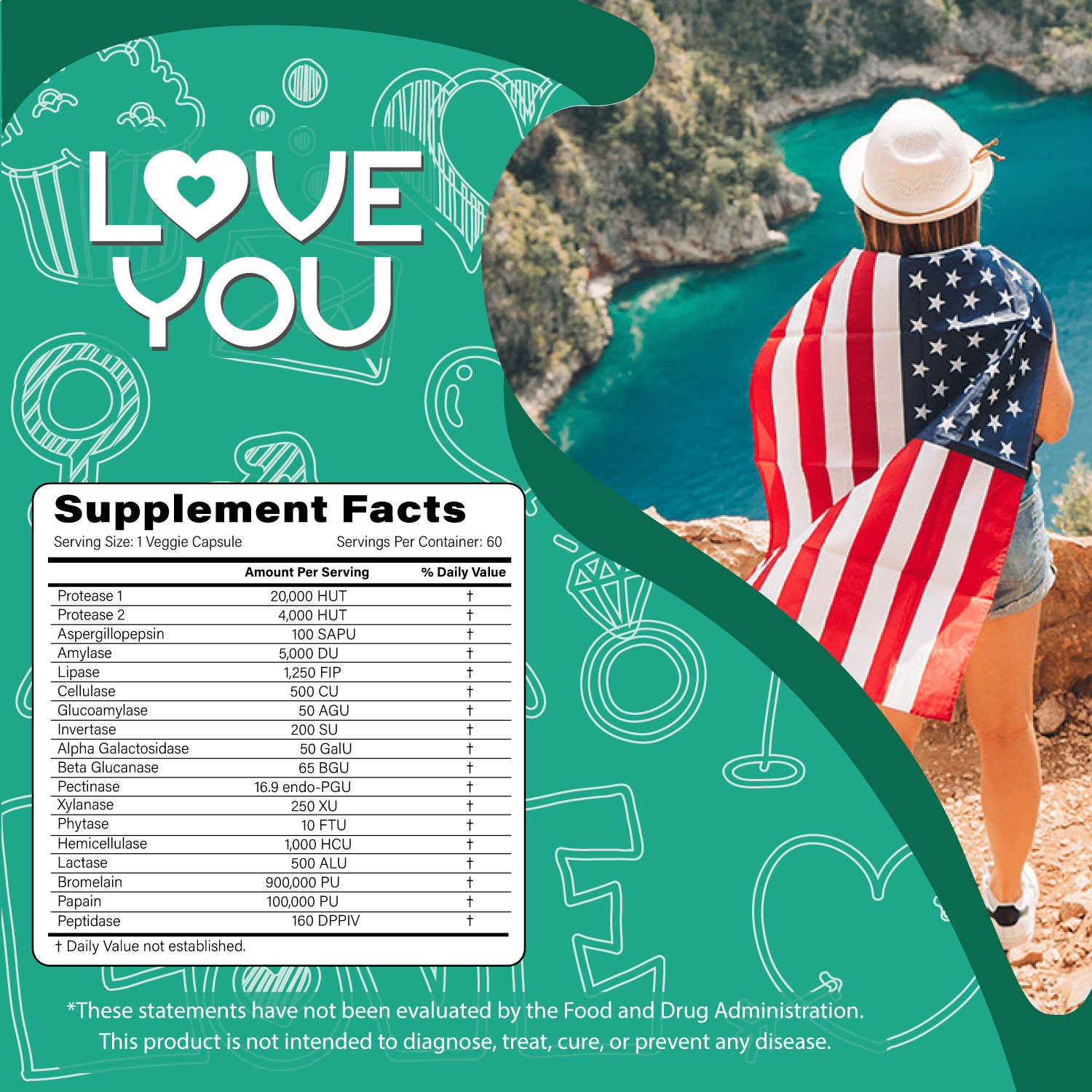 Love You 18 Enzyme Complex for Women and Men, Digestive Enzymes Supplement, High Potency, Multi-Enzyme - No More Gas, Digestive Comfort, Hemicullulase, Peptidase, 60 Veggie Caps / 60 Servings