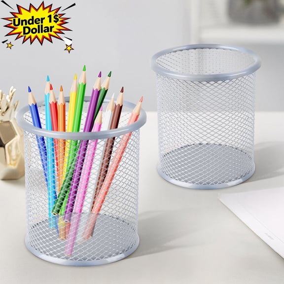 Metal Mesh Round Pen Holder, Sturdy Iron Art Desk Pen Cup, Cylindrical Pencil Jar Stationery Storage Bucket, Compact Desktop Organizer for Pens Pencils, Ideal for Classroom Home Office Supplies