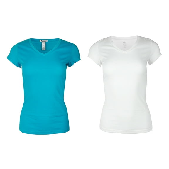 Sofra Ladies 2 Pack Short Sleeve V Neck T-Shirts White Aqua L