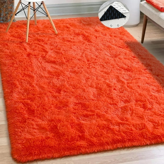 FUDAKUNA Orange Fluffy Area Rug 48" x 63" Soft and Comfortable Shaggy Carpet Non Slip Backing Rugs for Bedroom Living Room