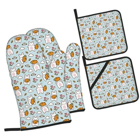 

Daiia Carrot Rabbit Pattern Oven Mitts and Pot Holders 4 pcs Set High Heat Resistant 500 Degree Extra Thicken Long Kitchen Cotton Oven Glove