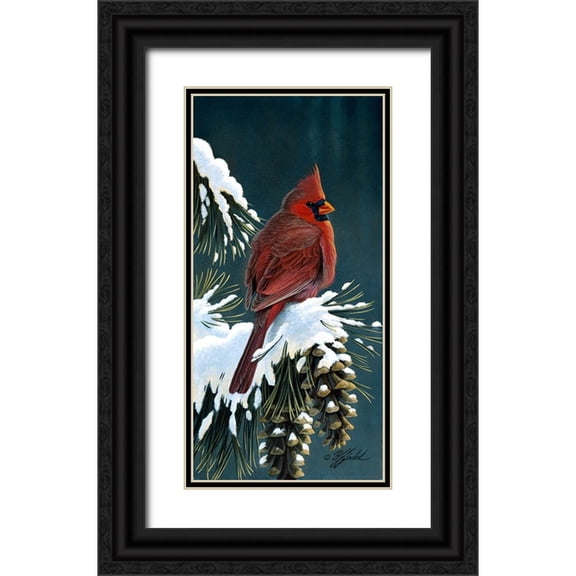 Goebel, Wilhelm 9x14 Black Ornate Wood Framed with Double Matting Museum Art Print Titled - Winter Cardinal