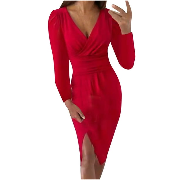 Vestido de fiesta de otoño e invierno para mujer, Sexy, con escote en V, liso, adelgazante, de manga larga, con pliegue en la espalda y nalgas Fridja NMB3472