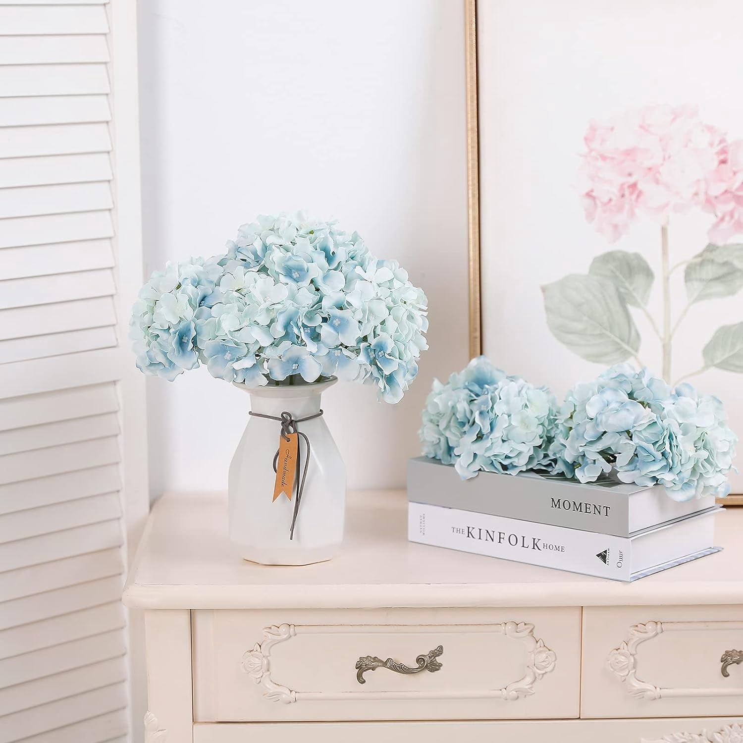 Fake Blue Hydrangea Artificial Flowers - Faux Silk Hydrangeas Flowers Heads with Stems Real Touch for Home Wedding Party Table Decor(Light Blue,Pack of )