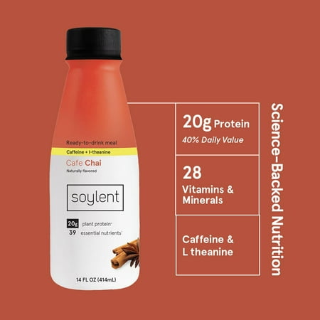 Soylent Vegan Meal Replacement Shake 14 Oz Ready to Drink Plant Protein Shakes, 12 Pack, Cafe Chai