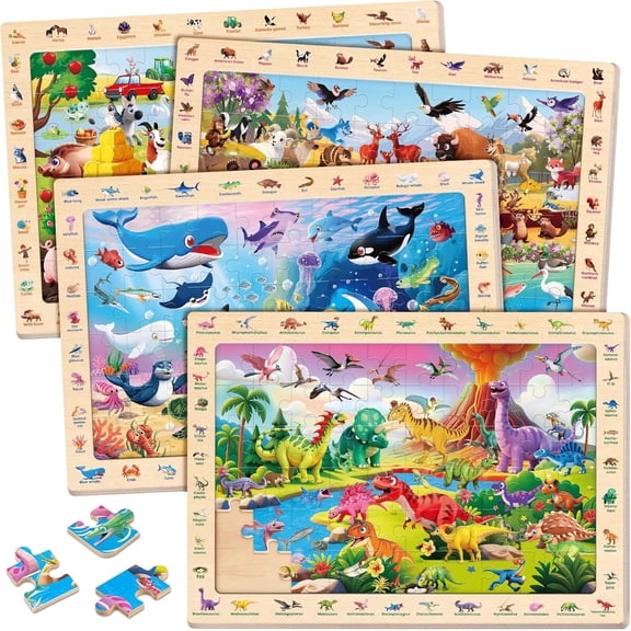 SYNARRY Wooden Dinosaur Farm Ocean Animal Puzzles for Kids Ages 3-8, 4 x 60 Piece Match & Find Puzzles for Kids Ages 3-5 Boys Girls, Preschool Educational Puzzle Toddlers Easter Gifts for 4-8 Year Ol