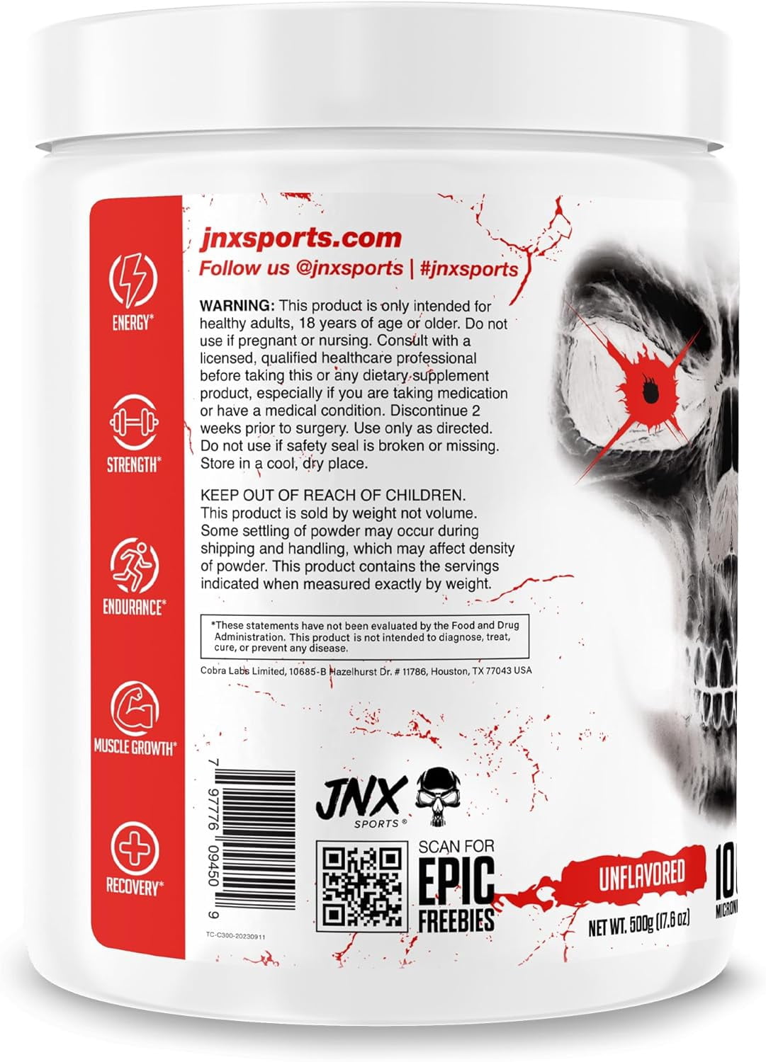 JNX Sports® The Curse! Creatine Monohydrate Powder – Micronized Creatine for Strength, Power & Daily Performance Support, Unflavored, 500 g, 100 Servings