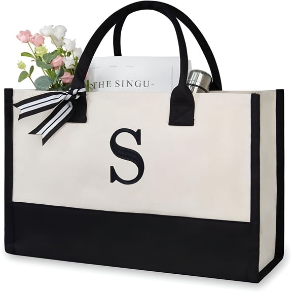 AOMRCOL Initial Canvas Beach Bag,Monogrammed Tote Bag for Women