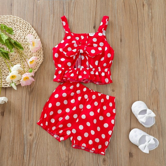 AURIGATE Toddler Baby Girl Summer Girls Sling Polka Dot Bow Tie Top Shorts Two-piece Suit Clearance