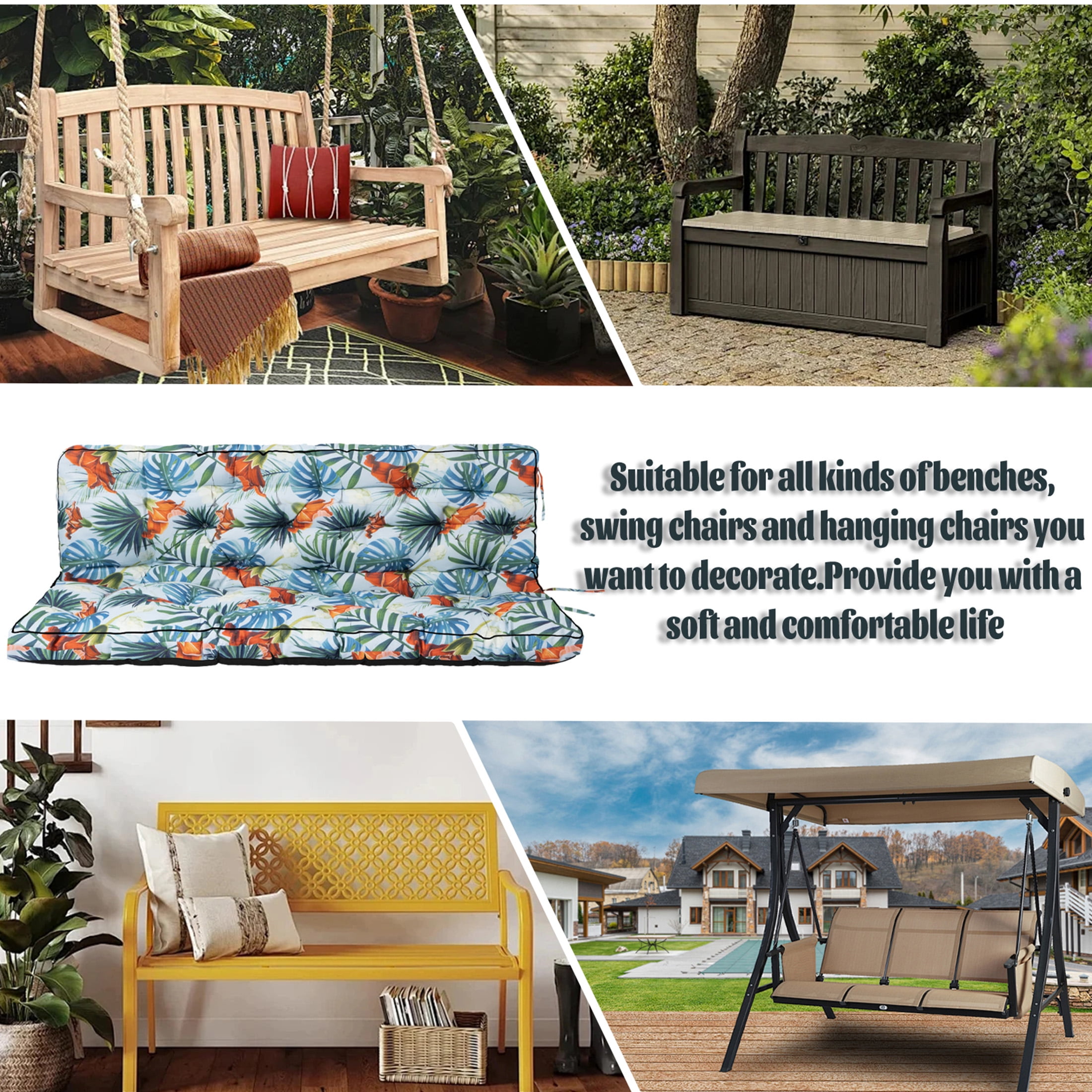 Porch Swing Cushion Thicken 4", 63" Swing Cushions 2-3 Seater Replacement, Waterproof Bench Cushions with Backrest, Anti-Fading Patio Swing Chair Pads for Outdoor Garden Furniture