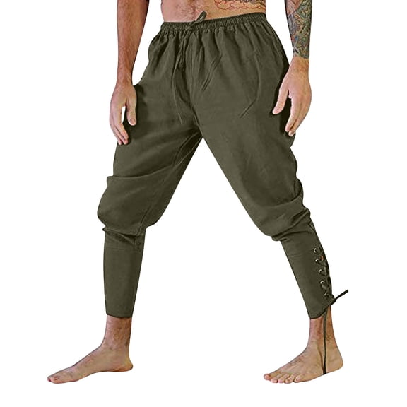 BVWKPCV Mens Medieval Ankle Pants Renaissance Viking Pirate Lace Up Tapered Halloween Linen Costume Trousers Green XXL
